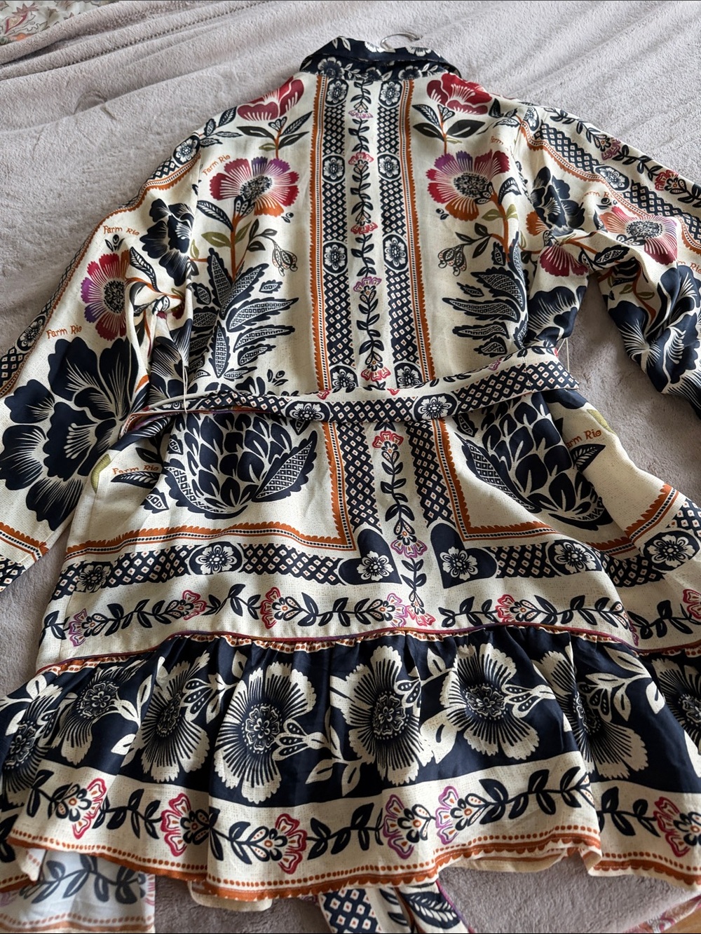 FARM Rio Cream Floral Long Sleeve Button Dress with Black & Orange/Brown Print. - Picture 3 of 7